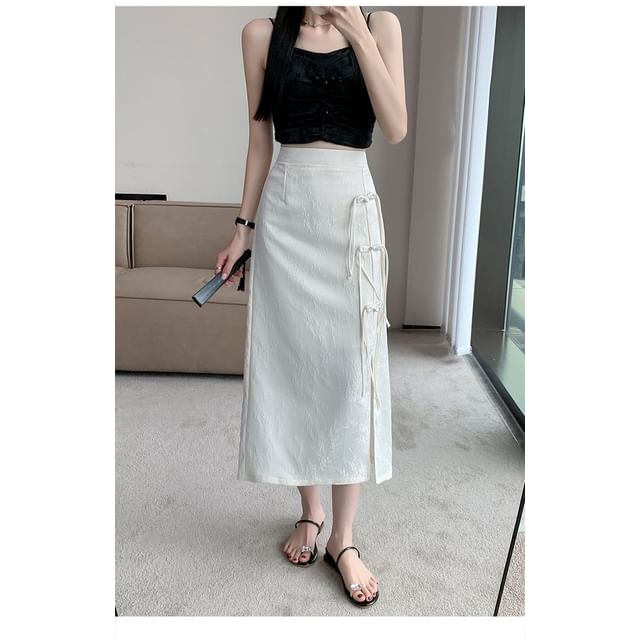 High Slit A-Line Midi Floral Waist Jacquard Frog Button Skirt