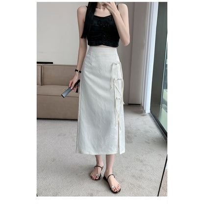 High Slit A-Line Midi Floral Waist Jacquard Frog Button Skirt