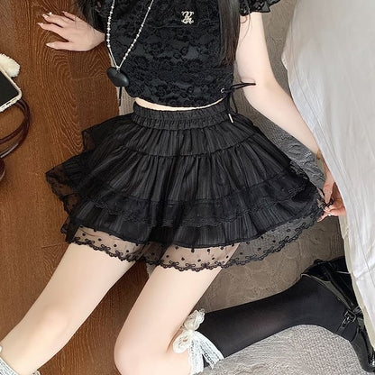 Waist Skirt Elastic Plain A-Line Tiered Lace Mini Trim