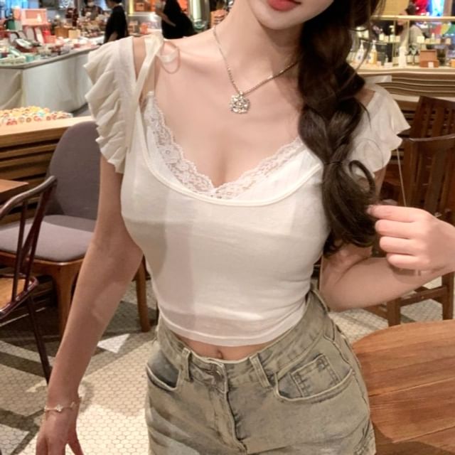 Cap-Sleeve Top Trim Neck / V-Neck Plain Cropped Cami Scoop Tee Ruffle Lace
