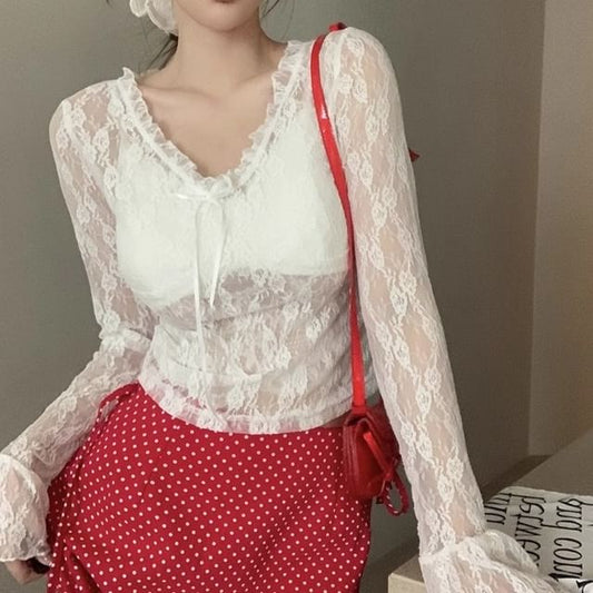 V-Neck Lace Sleeve Floral Top Crop See-Through Long