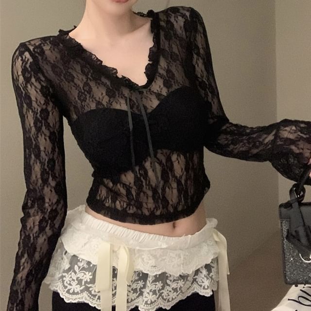 V-Neck Lace Sleeve Floral Top Crop See-Through Long