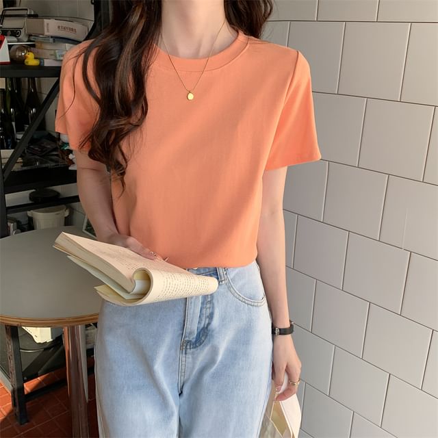 Short-Sleeve Plain T-Shirt Crop Crewneck
