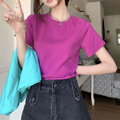 Short-Sleeve Plain T-Shirt Crop Crewneck