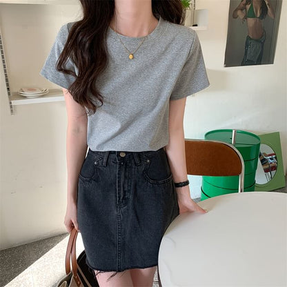 Short-Sleeve Plain T-Shirt Crop Crewneck