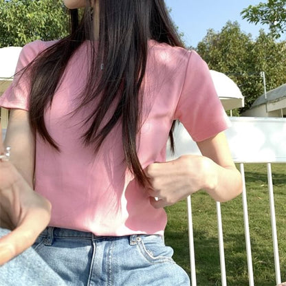 Short-Sleeve Plain T-Shirt Crop Crewneck