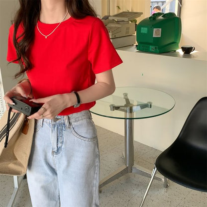 Short-Sleeve Plain T-Shirt Crop Crewneck