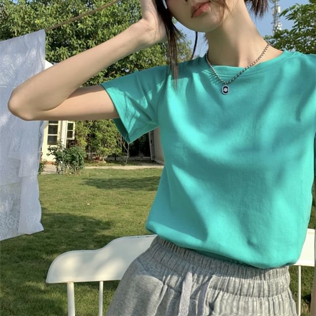 Short-Sleeve Plain T-Shirt Crop Crewneck