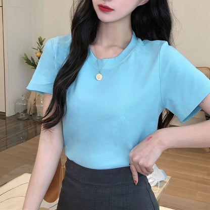 Short-Sleeve Plain T-Shirt Crop Crewneck