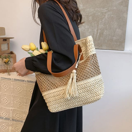 Tassel Bag Woven Tote Two-Tone