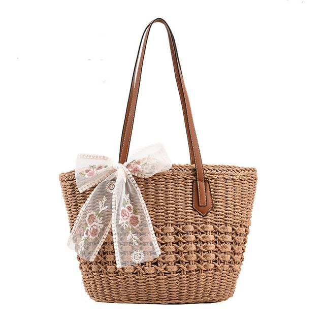 Floral Bow Lace Woven Embroidered Tote Bag