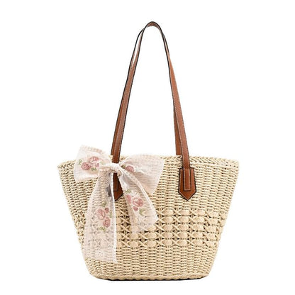 Floral Bow Lace Woven Embroidered Tote Bag