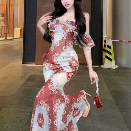 Print Designs) Dress (Various Shoulder Off Flower Bodycon