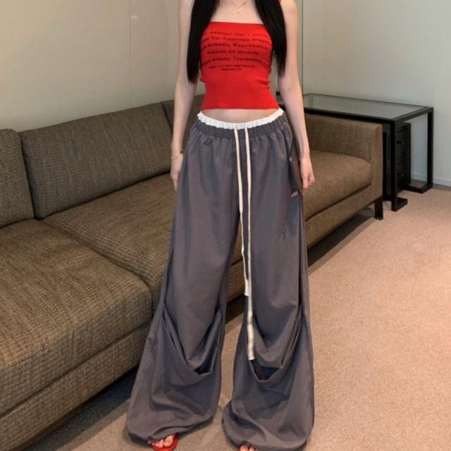 Print Leg Crop Contrast Drawstring Top Camisole Waist Wide Lettering / Pants Trim