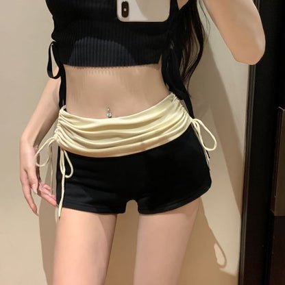 Two Tone High Waist Ruched Hot Pants Drawstring