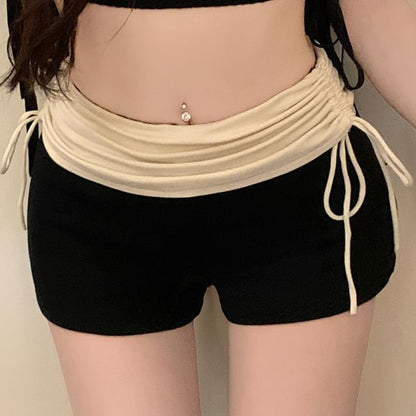 Two Tone High Waist Ruched Hot Pants Drawstring