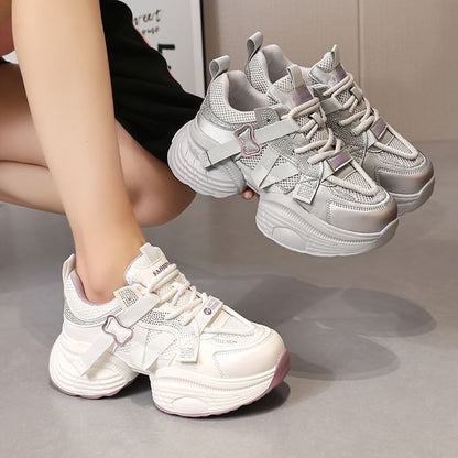Panel Platform Rhinestone Mesh Faux Lace-Up Leather Sneakers