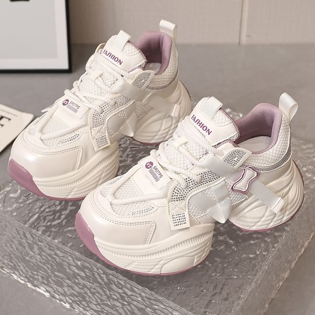 Panel Platform Rhinestone Mesh Faux Lace-Up Leather Sneakers