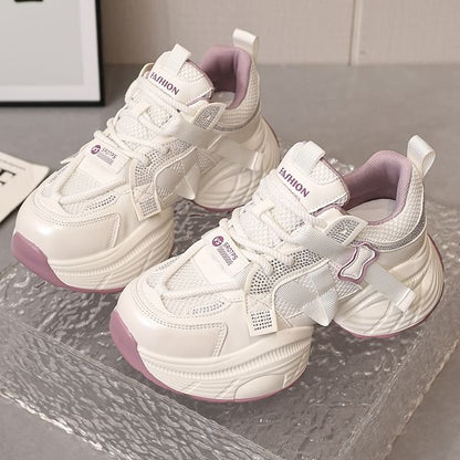 Panel Platform Rhinestone Mesh Faux Lace-Up Leather Sneakers