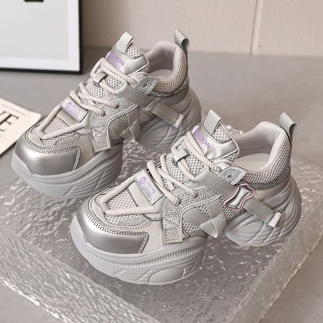 Panel Platform Rhinestone Mesh Faux Lace-Up Leather Sneakers