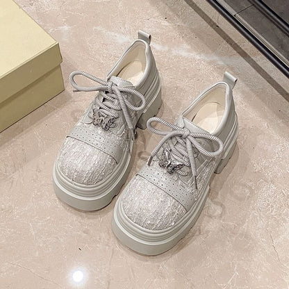 Panel Leather Platform Tweed Lace-Up Brogue Faux Shoes