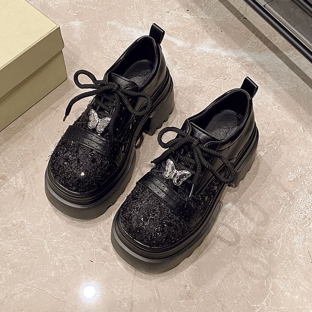 Panel Leather Platform Tweed Lace-Up Brogue Faux Shoes