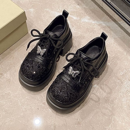 Panel Leather Platform Tweed Lace-Up Brogue Faux Shoes