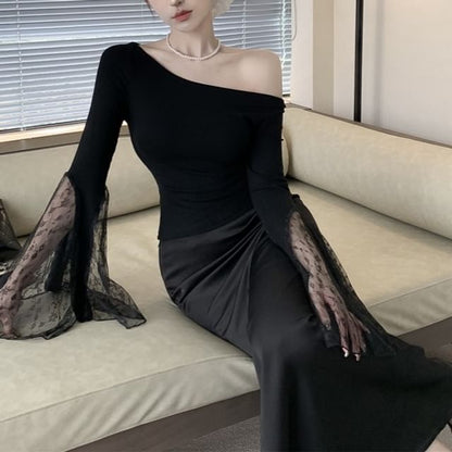 Lace Shoulder Top Panel Off Plain Long-Sleeve