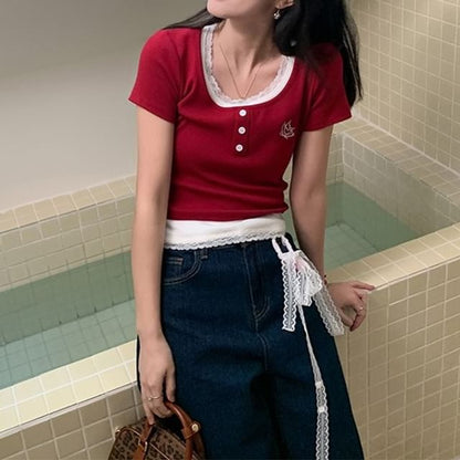 Neck Crop Top Short-Sleeve Mock Two-Piece Square