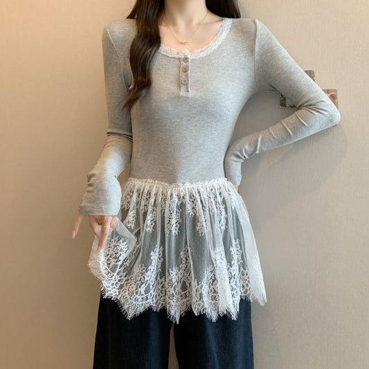 Henley T-Shirt Slim Peplum Long-Sleeve Fit Lace Panel