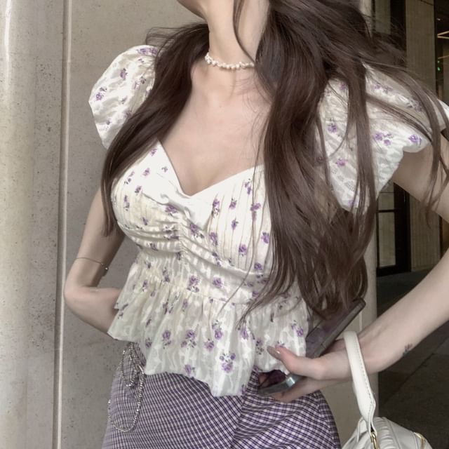 Mini Skirt Cropped Asymmetrical Blouse Pencil High Peplum Rise Plaid / Puff-Sleeve Bow Floral