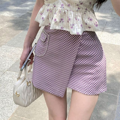 Mini Skirt Cropped Asymmetrical Blouse Pencil High Peplum Rise Plaid / Puff-Sleeve Bow Floral