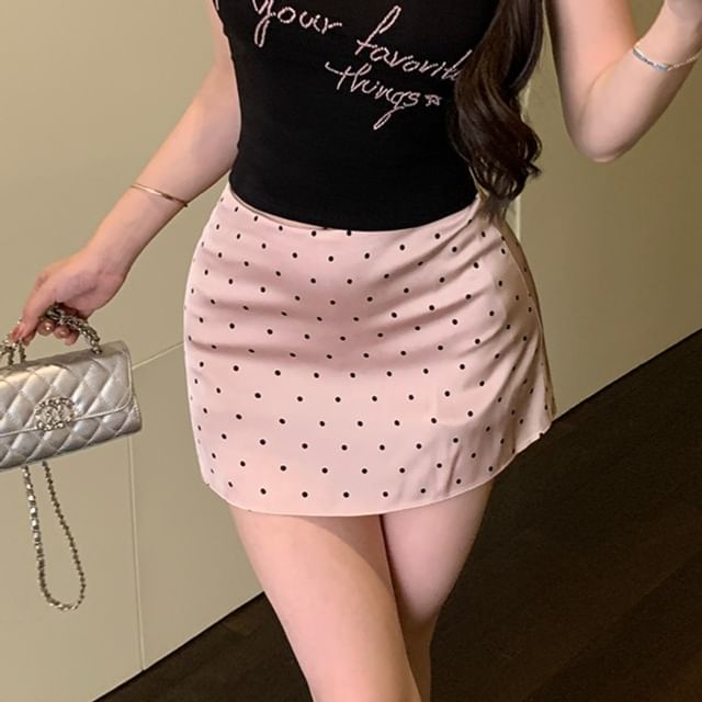 Dotted Pencil Slim Embroidered Fit Skirt Mini High / Top Off-Shoulder Tank Waist Lettering