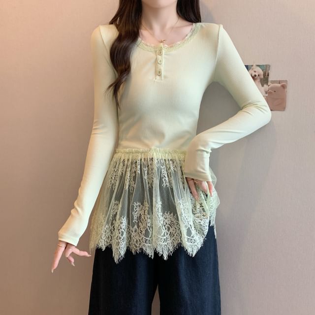 Henley T-Shirt Slim Peplum Long-Sleeve Fit Lace Panel