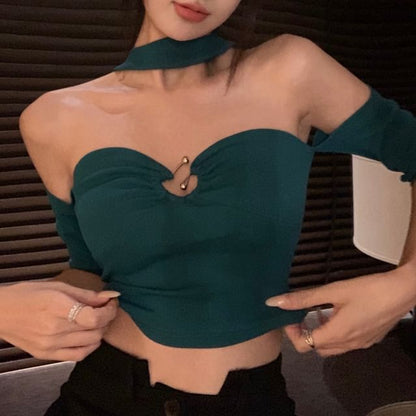 Neck Off Slim Top Crop Short-Sleeve Fit Plain Halter Shoulder