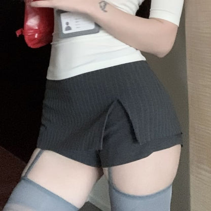 Short-Sleeve Plain / Waist High Slit Turtleneck Mini Slim Skort Tee Striped A-Line Fit