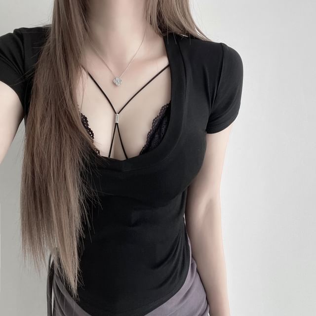 Halter Slim Bra Fit Top / Crop Neck Plain Short-Sleeve Scoop Lace T-Shirt