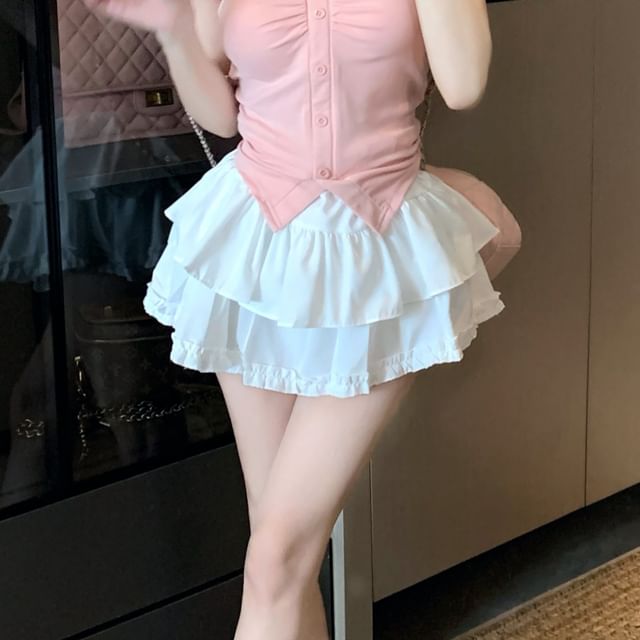 V-Neck Trim Layered A-Line Slit Skirt Tee Waist Mini Crop Frill Plain Short-Sleeve High Ruched /