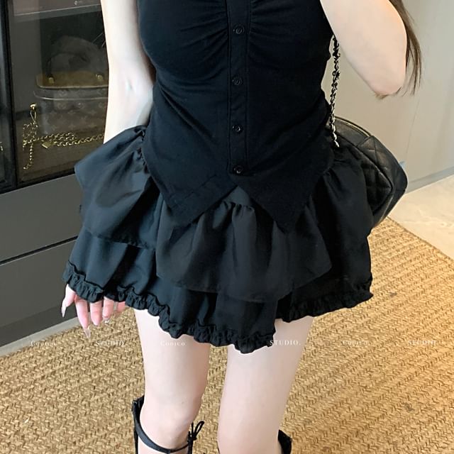 V-Neck Trim Layered A-Line Slit Skirt Tee Waist Mini Crop Frill Plain Short-Sleeve High Ruched /