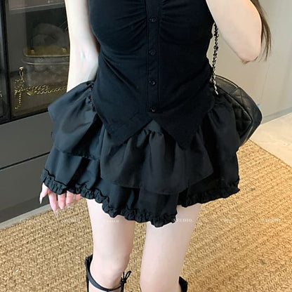 V-Neck Trim Layered A-Line Slit Skirt Tee Waist Mini Crop Frill Plain Short-Sleeve High Ruched /