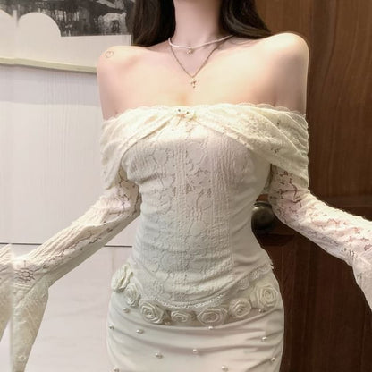 Floral Mini Lace Pencil Long-Sleeve Top Skirt Off-Shoulder / Panel Slim Rise Crop Fit High Accent