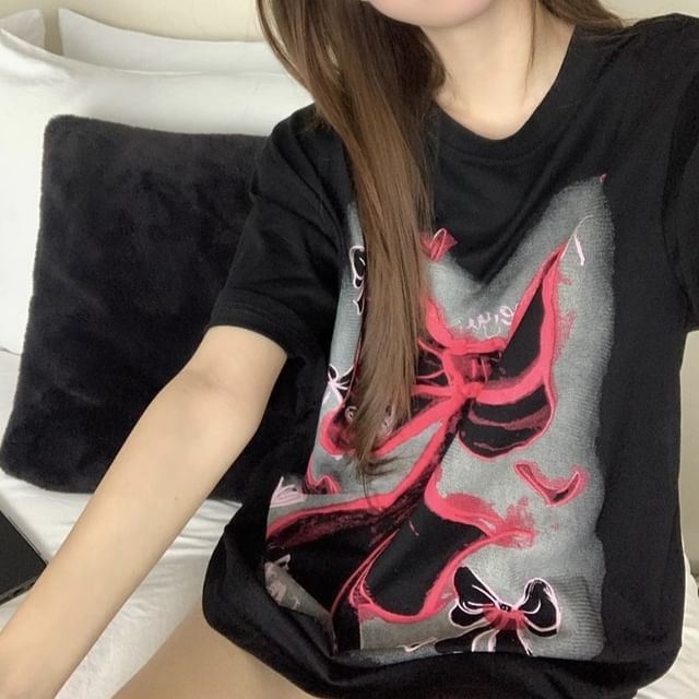 Oversized Neck Round Print T-Shirt Elbow-Sleeve Bow