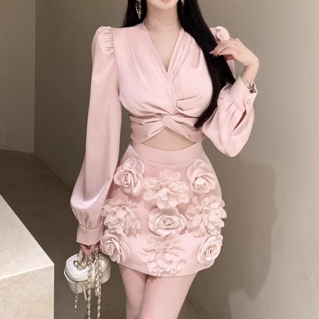 Ruched Rise Plain Blouse Floral Pencil Applique V-Neck High Mini Sleeve Long Crop Skirt /