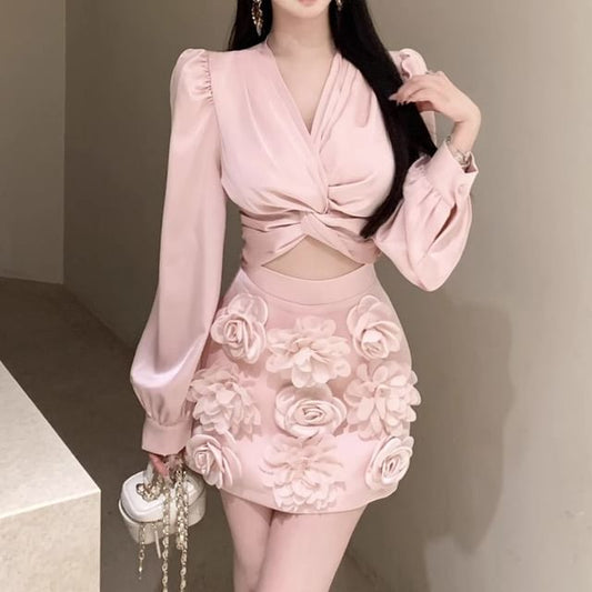 Ruched Rise Plain Blouse Floral Pencil Applique V-Neck High Mini Sleeve Long Crop Skirt /
