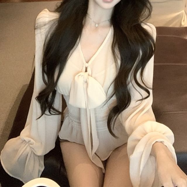 Sleeve Bow Long Peplum Top Plain + Blouse V-Neck Set: Camisole