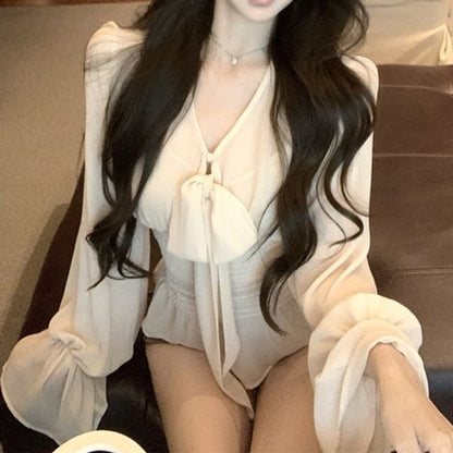Sleeve Bow Long Peplum Top Plain + Blouse V-Neck Set: Camisole