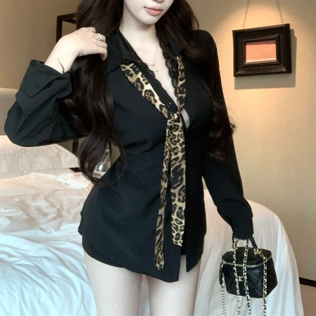 Long Panel Sleeve Lace Collared Plain Shirt