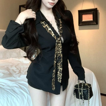 Long Panel Sleeve Lace Collared Plain Shirt