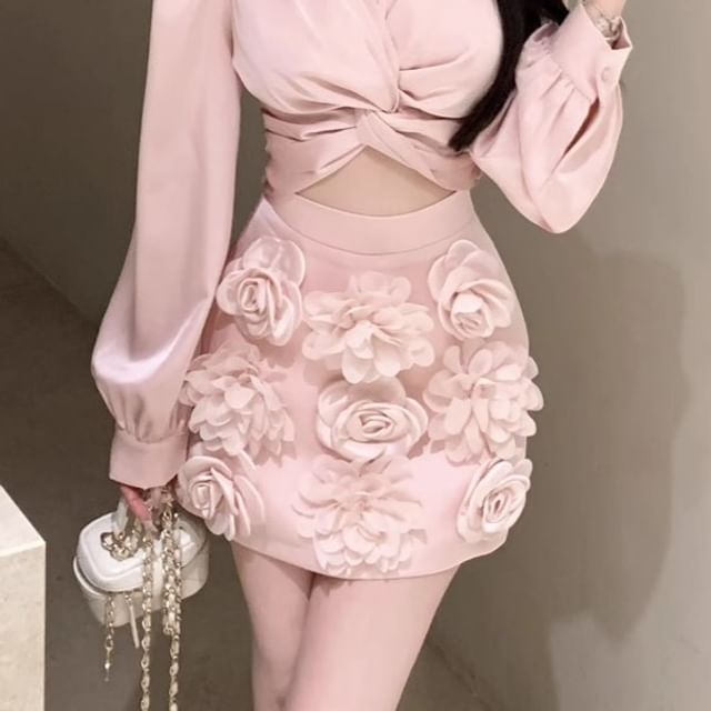 Ruched Rise Plain Blouse Floral Pencil Applique V-Neck High Mini Sleeve Long Crop Skirt /