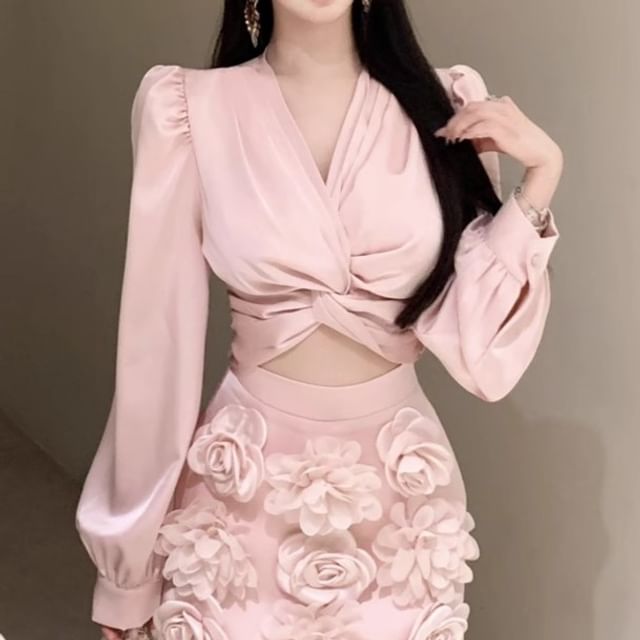 Ruched Rise Plain Blouse Floral Pencil Applique V-Neck High Mini Sleeve Long Crop Skirt /